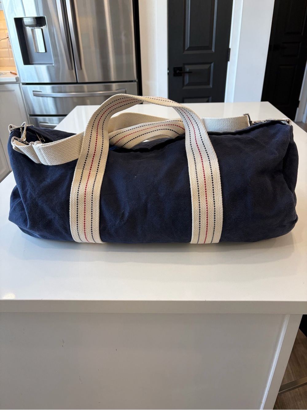 Blue Claw Co. Navy Blue And Cream Canvas Duffle Travel Bag Made In USA
